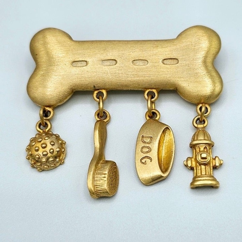JJ Jonette Brooch Dog Bone Dangle Puppy Charm Brushed Goldtone Vintage Pin